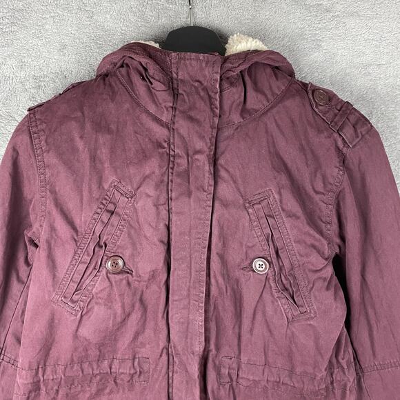 American Eagle Jacket Womens Small Burgundy Hooded Parka Utility Pockets Sherpa - Picture 2 of 16